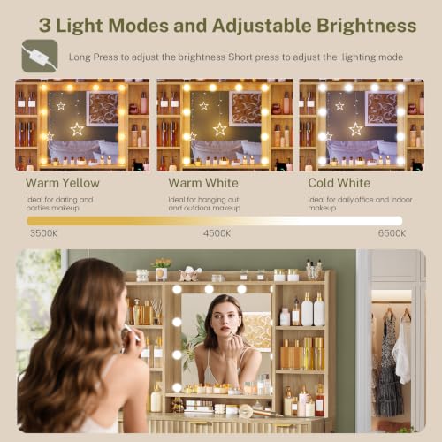 Fluted Vanity Desk with Mirror & 9 Drawers, 6 Open Shelves, 10 Bulbs, 3 Lighting Modes, Built-in Outlet