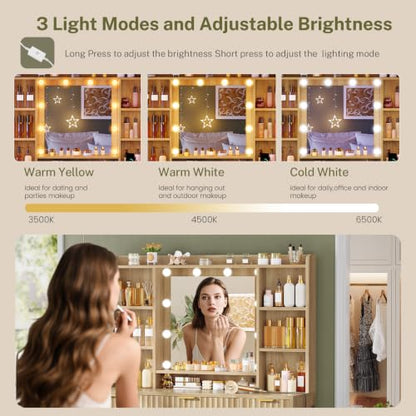 Fluted Vanity Desk with Mirror & 9 Drawers, 6 Open Shelves, 10 Bulbs, 3 Lighting Modes, Built-in Outlet