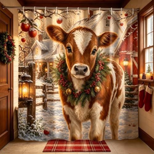 Christmas Farm Cow Snowy Farmhouse Shower Curtain - Rustic Holiday Decor - 72x72 Inches - Variation of THIS Listing