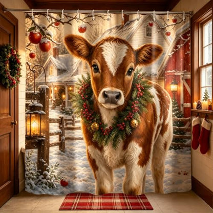 Christmas Farm Cow Snowy Farmhouse Shower Curtain - Rustic Holiday Decor - 72x72 Inches - Variation of THIS Listing