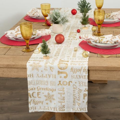 Holiday Christmas Table Runner Gold Collage 14x108 Inches - Metallic Fabric