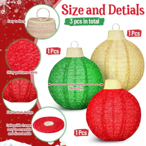Outdoor Christmas Ornament Balls Set - Glitter Red, Green, Gold, 12 Inches, 3 Pack