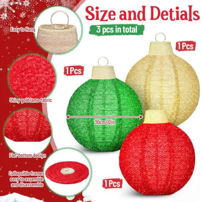 Outdoor Christmas Ornament Balls Set - Glitter Red, Green, Gold, 12 Inches, 3 Pack