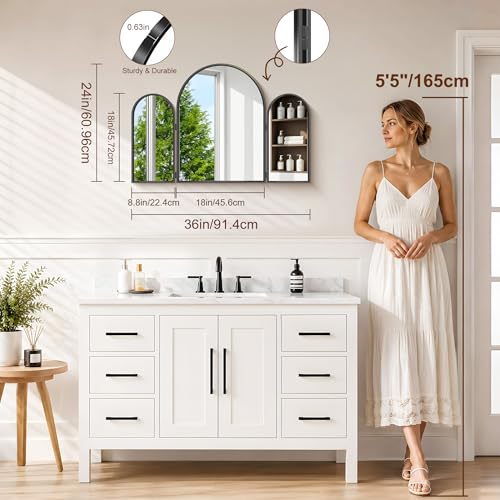 Black Arched Trifold Vanity Mirror 36x24 Inch Wall & Tabletop Makeup Mirror