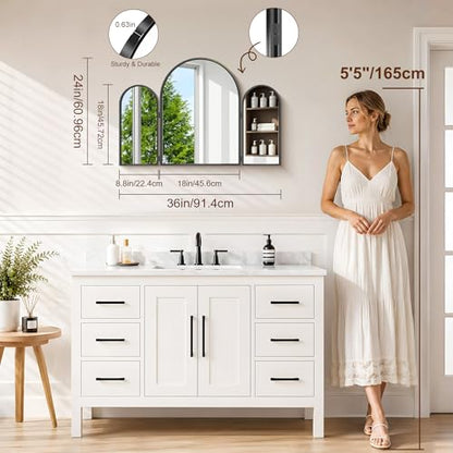 Black Arched Trifold Vanity Mirror 36x24 Inch Wall & Tabletop Makeup Mirror