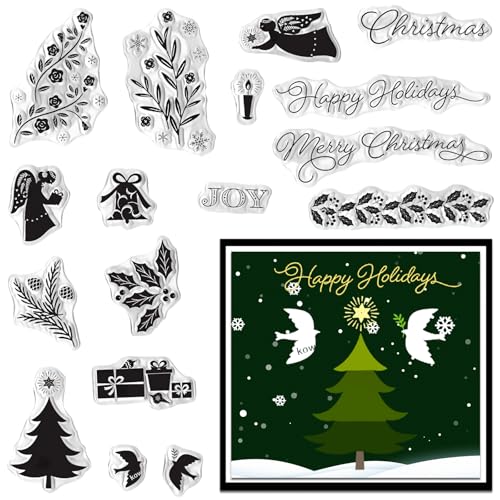 Christmas Tree Leaves Clear Stamp Set with Angel & Joy Words - Trees Angel Variation