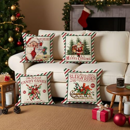 Christmas Pillow Covers 18x18 Set of 4 - Green Red Stripe, Farmhouse Decor