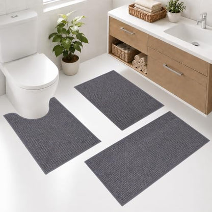 Grey Ultra Thin Chenille Bath Rug Set - Absorbent Runner Bathroom Mats, 1.5x2 ft & 1.5x2.75 ft Variations