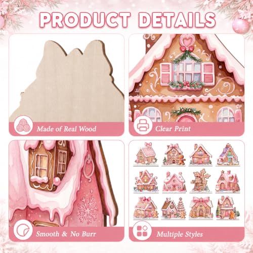 Pink Gingerbread Christmas Decor Candy House Village Set - 12 Pieces, Seasonal Tabletop Display