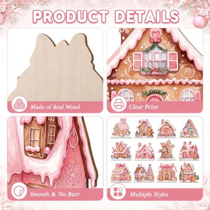 Pink Gingerbread Christmas Decor Candy House Village Set - 12 Pieces, Seasonal Tabletop Display