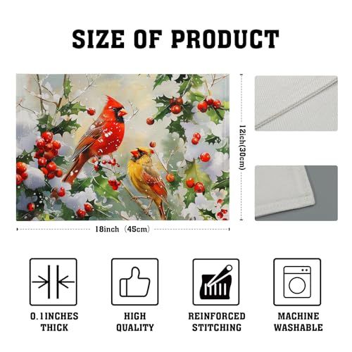 Winter Birds Berry Christmas Placemats Set of 4, 12x18 Inch Linen Holiday Decor