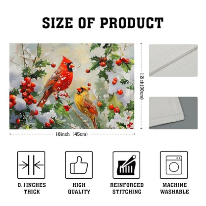 Winter Birds Berry Christmas Placemats Set of 4, 12x18 Inch Linen Holiday Decor