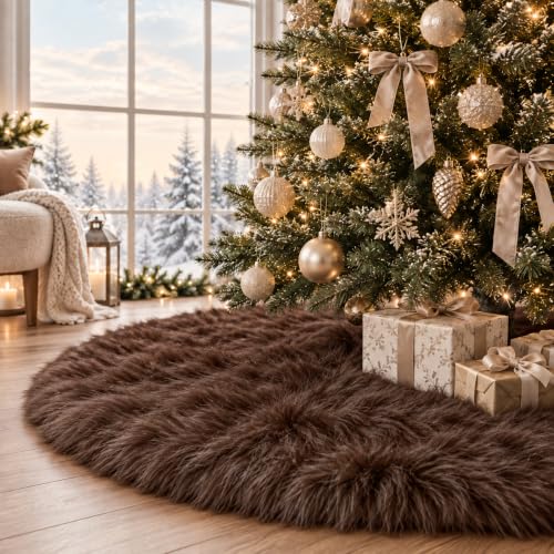 36 Inch Christmas Tree Skirt - Brown Faux Fur Plush Holiday Decor