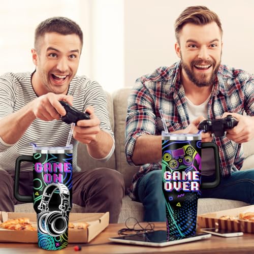 Game Tumbler with Lid and Straw 40oz - Gamer Water Bottle Cup with Handle - Gaming Travel Mug - Birthday Gift for Men Boys - Variation of THIS listing