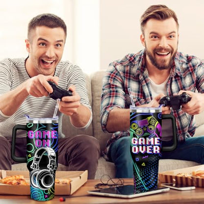 Game Tumbler with Lid and Straw 40oz - Gamer Water Bottle Cup with Handle - Gaming Travel Mug - Birthday Gift for Men Boys - Variation of THIS listing