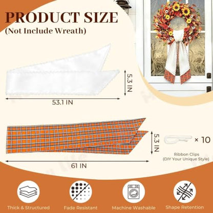 Orange White Layered Wreath Sash Set for Front Door - Gingham & Ric Rac Style - 2 Pieces