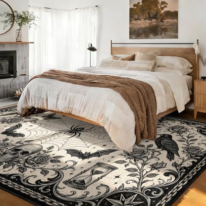 Dark Gothic Crow Spider Area Rug 3x5 ft Vintage Skull Hourglass Floor Mat Pattern 3