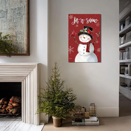 Snowman Christmas Wall Art Let It Snow Red Canvas 24x36 Inches - Holiday Decor