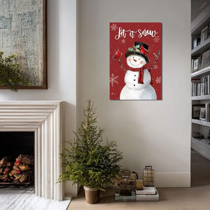 Snowman Christmas Wall Art Let It Snow Red Canvas 24x36 Inches - Holiday Decor