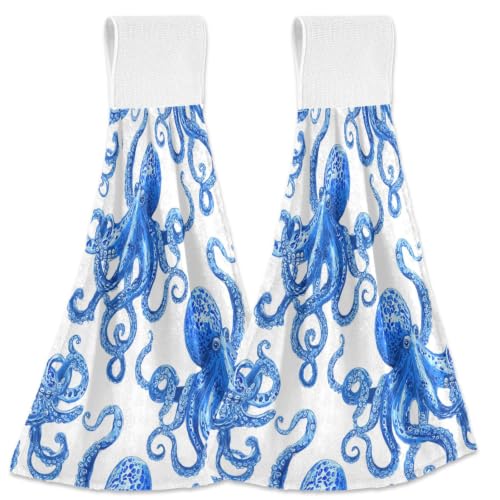 Octopus Hand Towels Set of 2 - Blue Vivid Printed Kitchen & Bathroom Decor