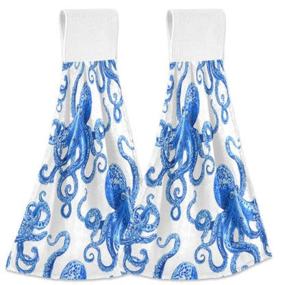 Octopus Hand Towels Set of 2 - Blue Vivid Printed Kitchen & Bathroom Decor