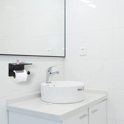 XDerln Toilet Paper Holder with Phone Shelf SUS 304 Toilet Paper Roll Holder - Wall Mounted Toilet Paper Roll Holder Adhesive Or Drilling Tissue Roll Holder with Shelf - Black Matte