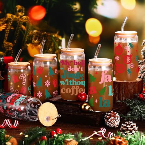 Pine Glass Christmas Cups Set with Lids & Straws - 6 Pack, 16 oz