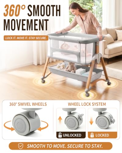 Baby Bassinet Bedside Cradle Rocking Sleep Solution - Light Grey