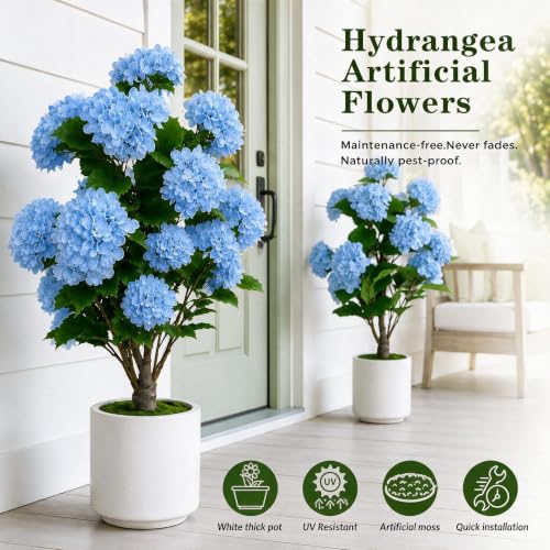 Artificial Hydrangea Tree with Potted Flowers for Outdoor & Indoor Decor - UV Resistant, 3ft