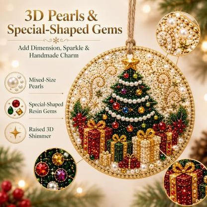 Christmas Pearl Diamond Art Ornament Kit - 6 Pieces with Pearls & Gems - Variation #17