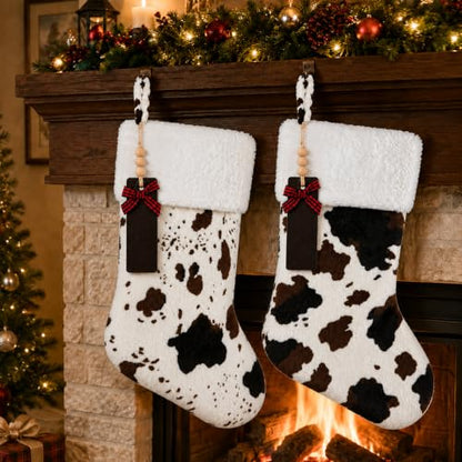 Cow Print Christmas Stockings 20 Inch Faux Fur Personalized Name Tags - Set of 2