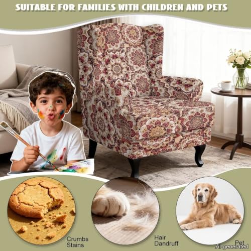 2 Piece Bohemian Flower Mandala Wingback Chair Slipcover - Floral Wing Chair Cover