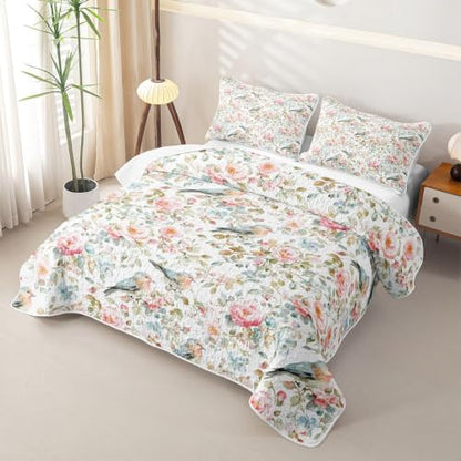 Watercolor Garden Quilt Set Full Pink Green – Sparrow Floral Bedding with Pillowcases