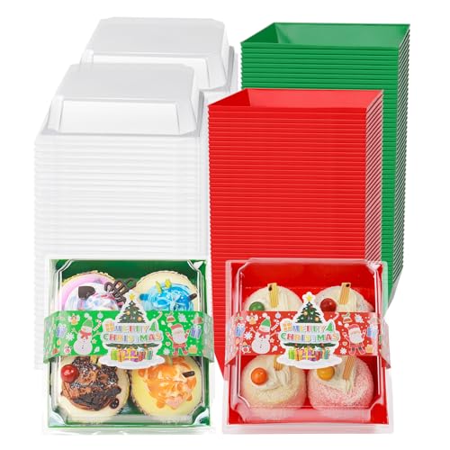 Christmas Charcuterie Boxes with Clear Lids & Stickers - Red Green 5.3x4.9x2.5 Inches, 100 Pack