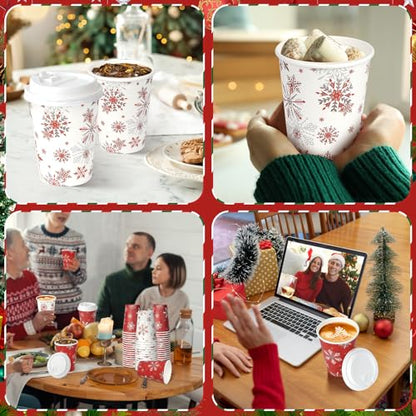 Christmas Snowflake Paper Cups with Lids 12oz - Red, 100 Pack - Holiday Party Supplies