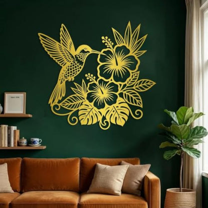 Black Metal Hummingbird Hibiscus Flower Wall Art - Tropical Garden Decor