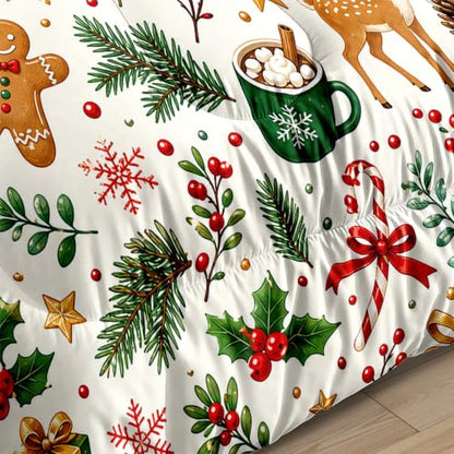 Christmas Queen Comforter Set for Girls - Holiday Tree Bedding, White & Green, Queen Size