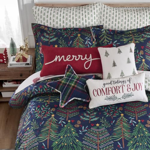 King Duvet Cover Set - Woodsy Wonder Holiday Forest Trees & Pinecones, Reversible Velvet, Navy, with Shams - Variation of THIS listing