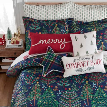 King Duvet Cover Set - Woodsy Wonder Holiday Forest Trees & Pinecones, Reversible Velvet, Navy, with Shams - Variation of THIS listing
