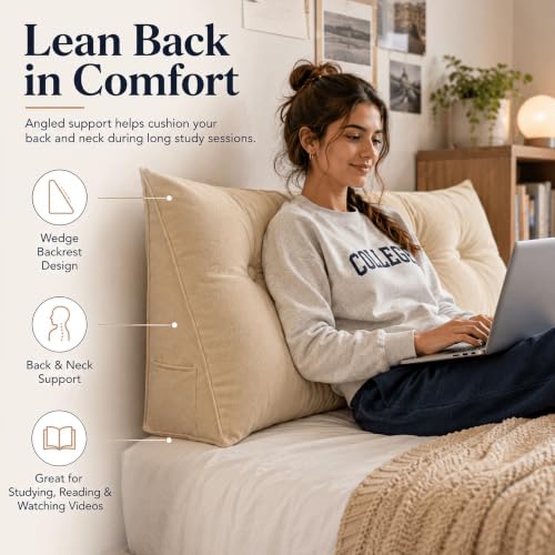 Linen Tone Velvet Twin XL Dorm Headboard Pillow with Wedge Cushion - 23.6 x 19.7 x 7.9 in