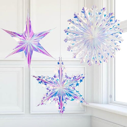 3PCS Iridescent Hanging Ornaments Snowflake Star Garland Decor Set