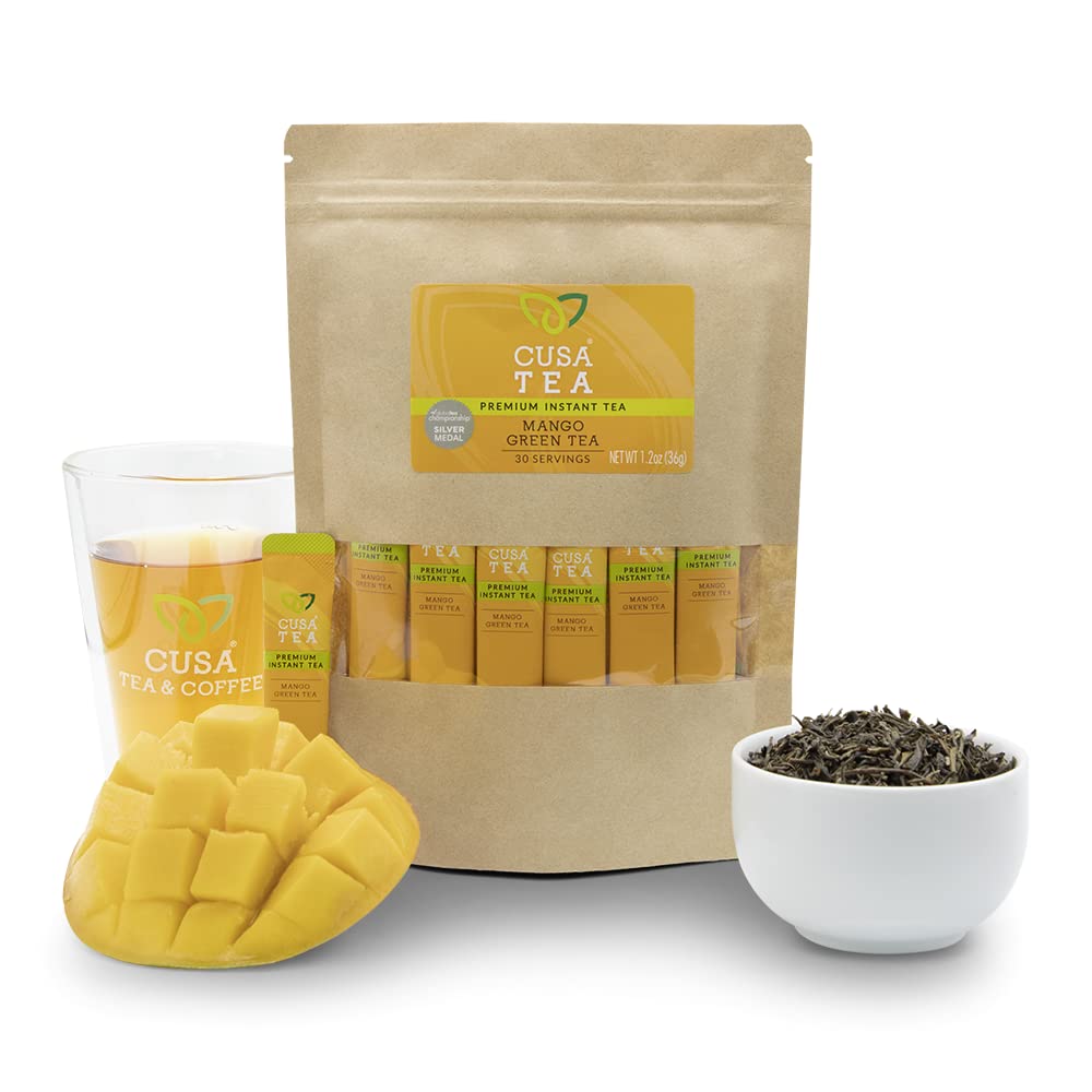 Cusa Tea & Coffee | Premium Instant Mango Green Tea With Real Fruit & Spices | Organic Leaves Drink Mix Packets | Hot or Iced Tea (30 Single Servings)