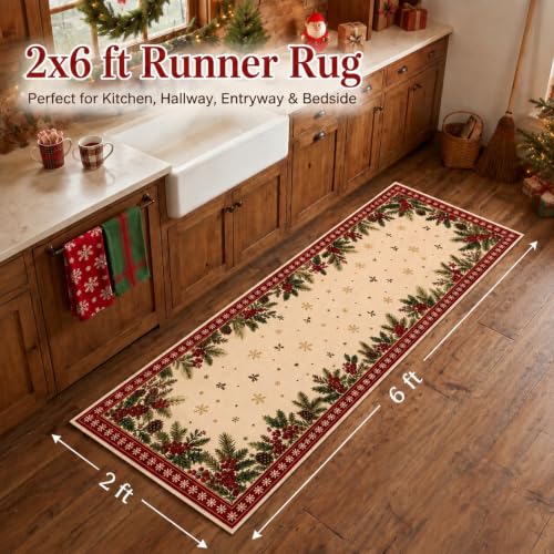 Christmas Area Rug for Living Room Hallways 2 x 6 ft - Rustic Holiday Decor