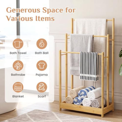Giantex 3-Tier Free Standing Bamboo Towel Rack with Storage Shelf - Natural