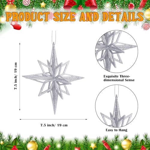 Silver Christmas Bethlehem Star Ornaments - 6 Pack, 7.5 Inches, Holiday Decor