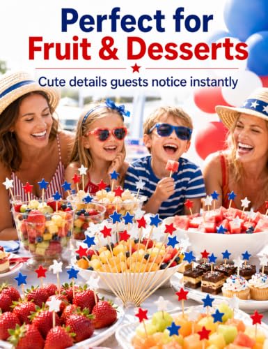 Red White Blue Star Cocktail Picks 100 Pcs - Patriotic Food & Drink Skewers