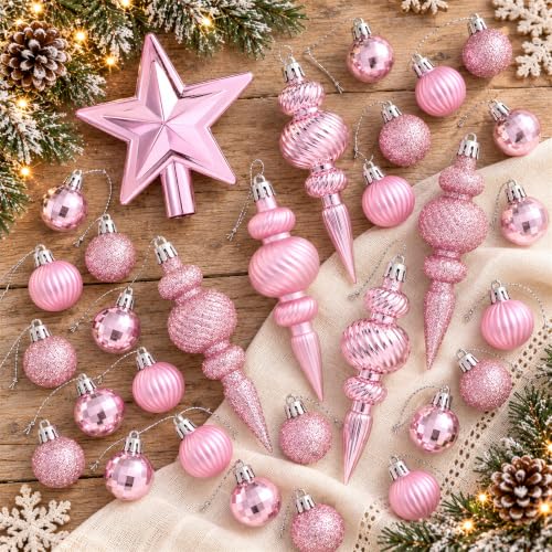 Pink Mini Christmas Ornaments Set with Star Tree Topper - 32PCS, Shatterproof