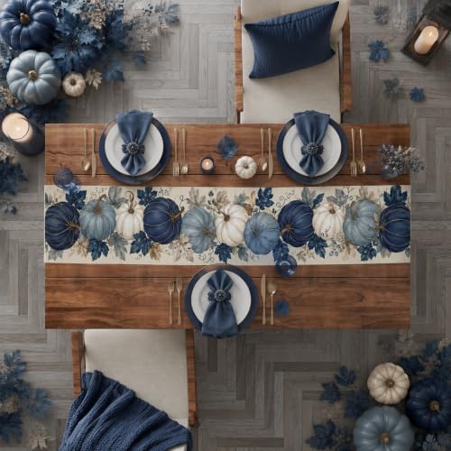 Fall Pumpkin Table Runner - Blue and White Thanksgiving Decor - Variation of Fall Pumpkin