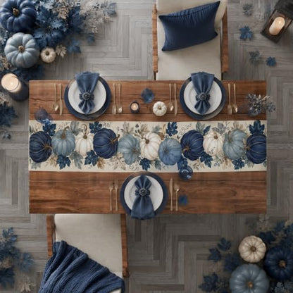 Fall Pumpkin Table Runner - Blue and White Thanksgiving Decor - Variation of Fall Pumpkin