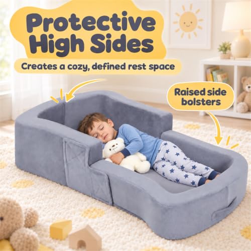 Portable Toddler Travel Bed - Foldable Kids Floor Bed with High Sides, Grey